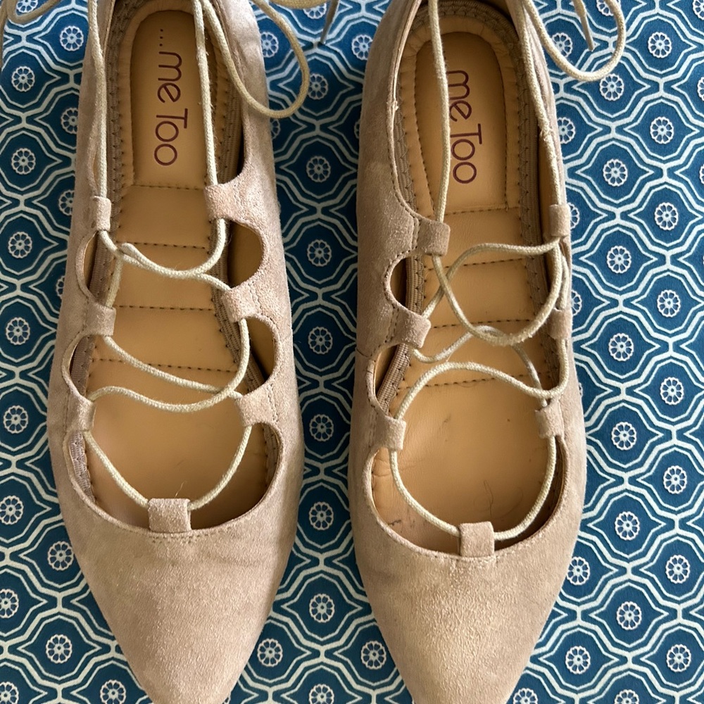 Me Too Lace Up Taupe Suede flats Size 8